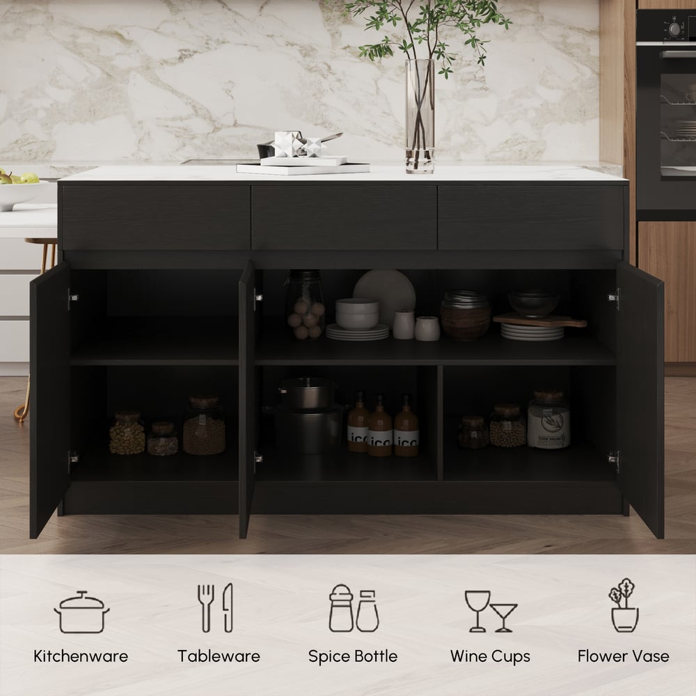 81"-106" Modern Extendable Sintered Stone Kitchen Island Black with Doors and Drawers window image