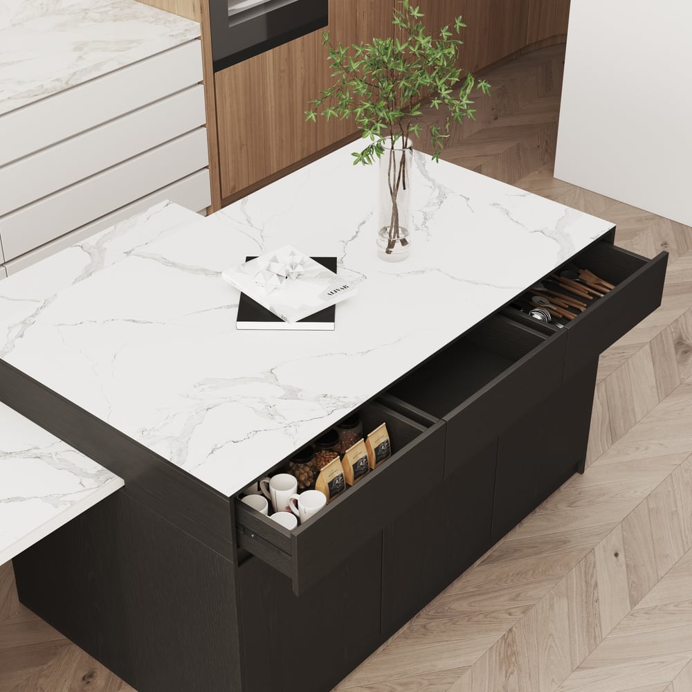 81"-106" Modern Extendable Sintered Stone Kitchen Island Black with Doors and Drawers window image