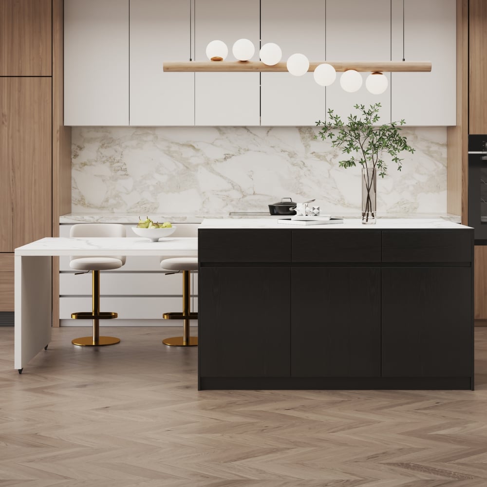 81"-106" Modern Extendable Sintered Stone Kitchen Island Black with Doors and Drawers window image