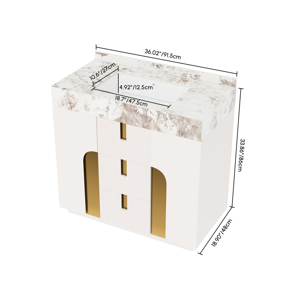 91 cm Artis Mobile bagno freestanding con lavabo singolo e top in pietra sinterizzata Immagine con pesi e dimensioni