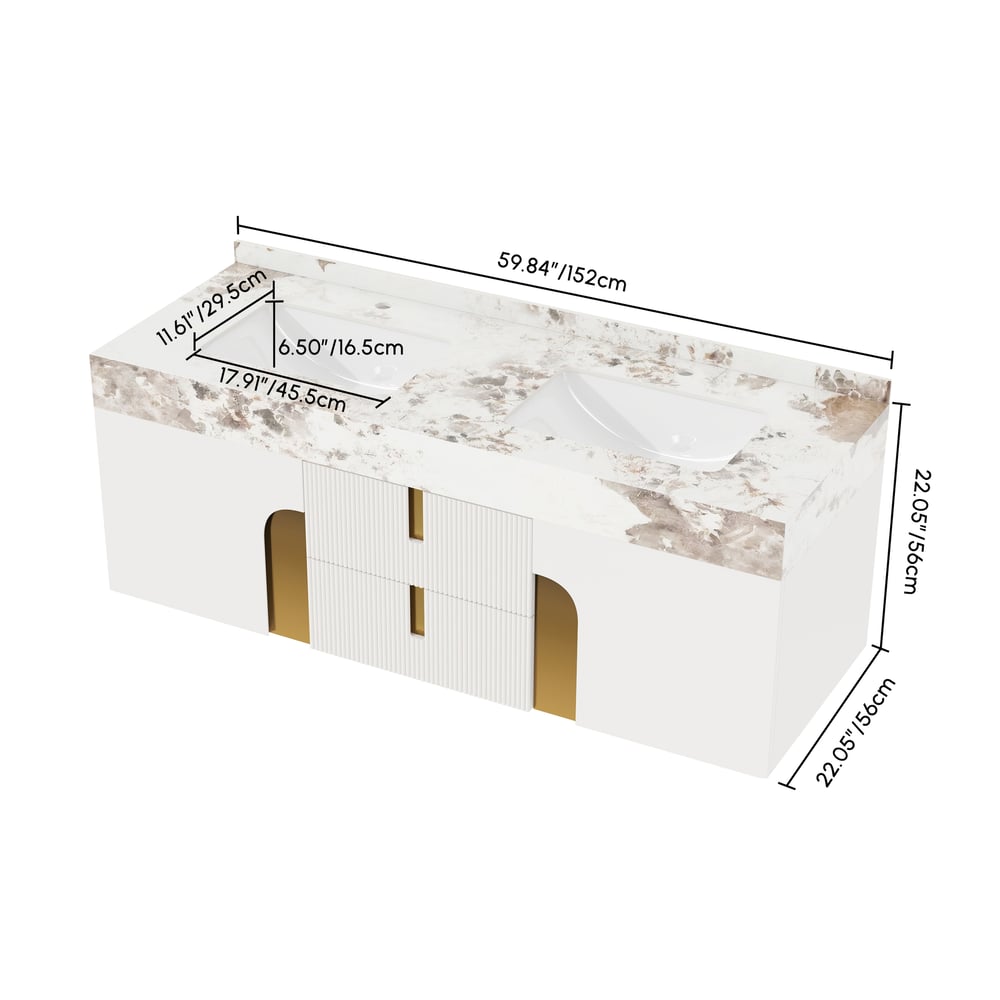 Artis 60" Floating Double Sink Bathroom Vanity Sintered Stone Top weights dimensions image