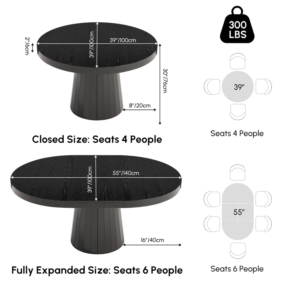 Mesa de jantar extensível de madeira redonda a oval Japandi de 100 cm a 140 cm — preta, acomoda 4-6 Imagem com pesos e dimensões