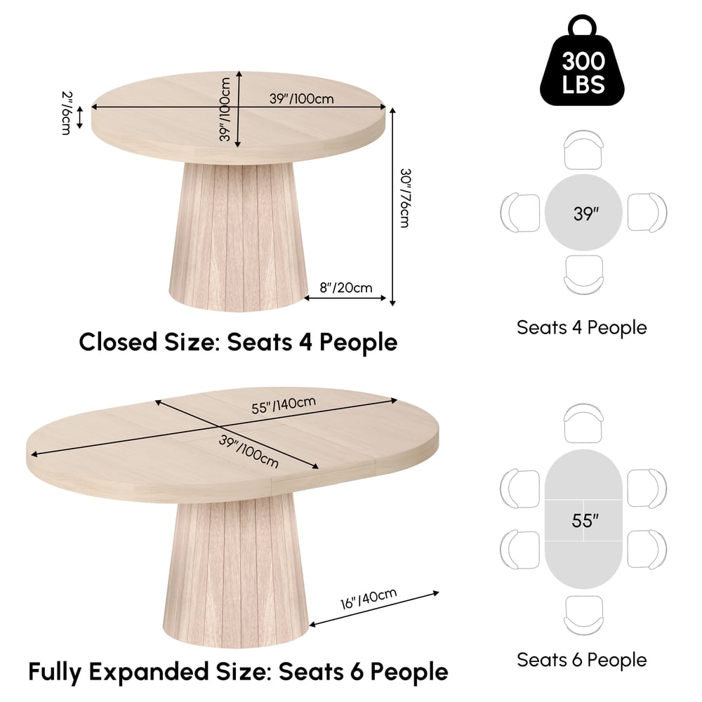 Japandi ausziehbarer Tünche ovaler Esstisch von 1000 bis 1400 mm für 6 Personen Bild der Gewichte & Abmessungen