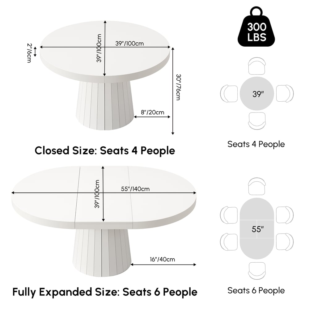 Mesa de jantar extensível redonda a oval em madeira estilo Japandi - branco quente 100 - 140 cm Imagem com pesos e dimensões