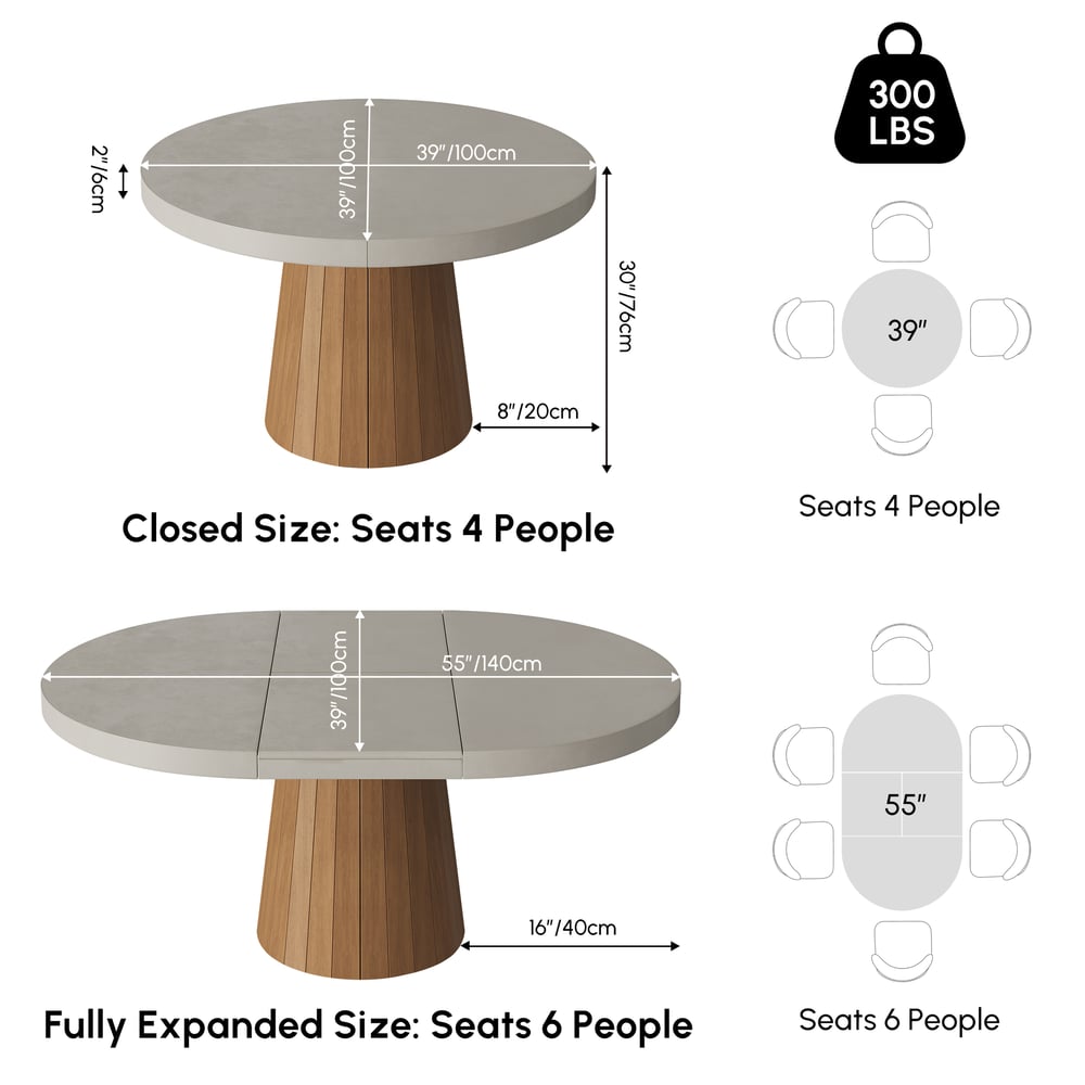 Japandi 100 cm–140 cm Extendable Round-to-Oval Wood Dining Table– Gray, Seats 4-6 weights dimensions image