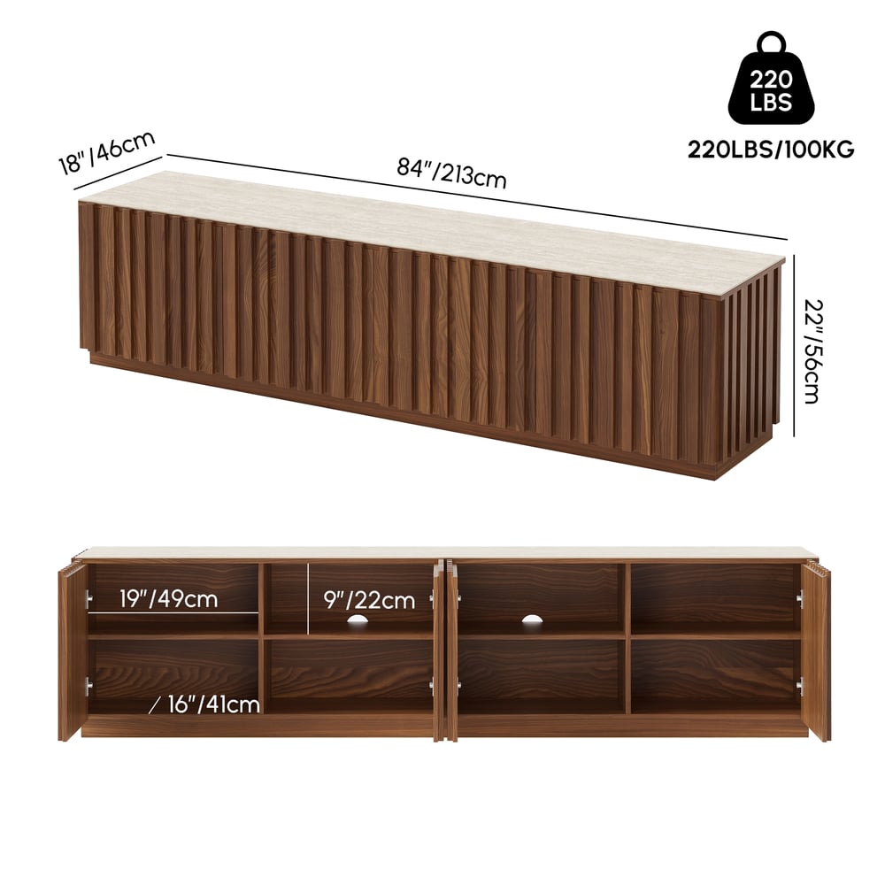 Aura 83" Ash Wood Fluted Walnut TV Stand with Sintered Stone Top weights dimensions image