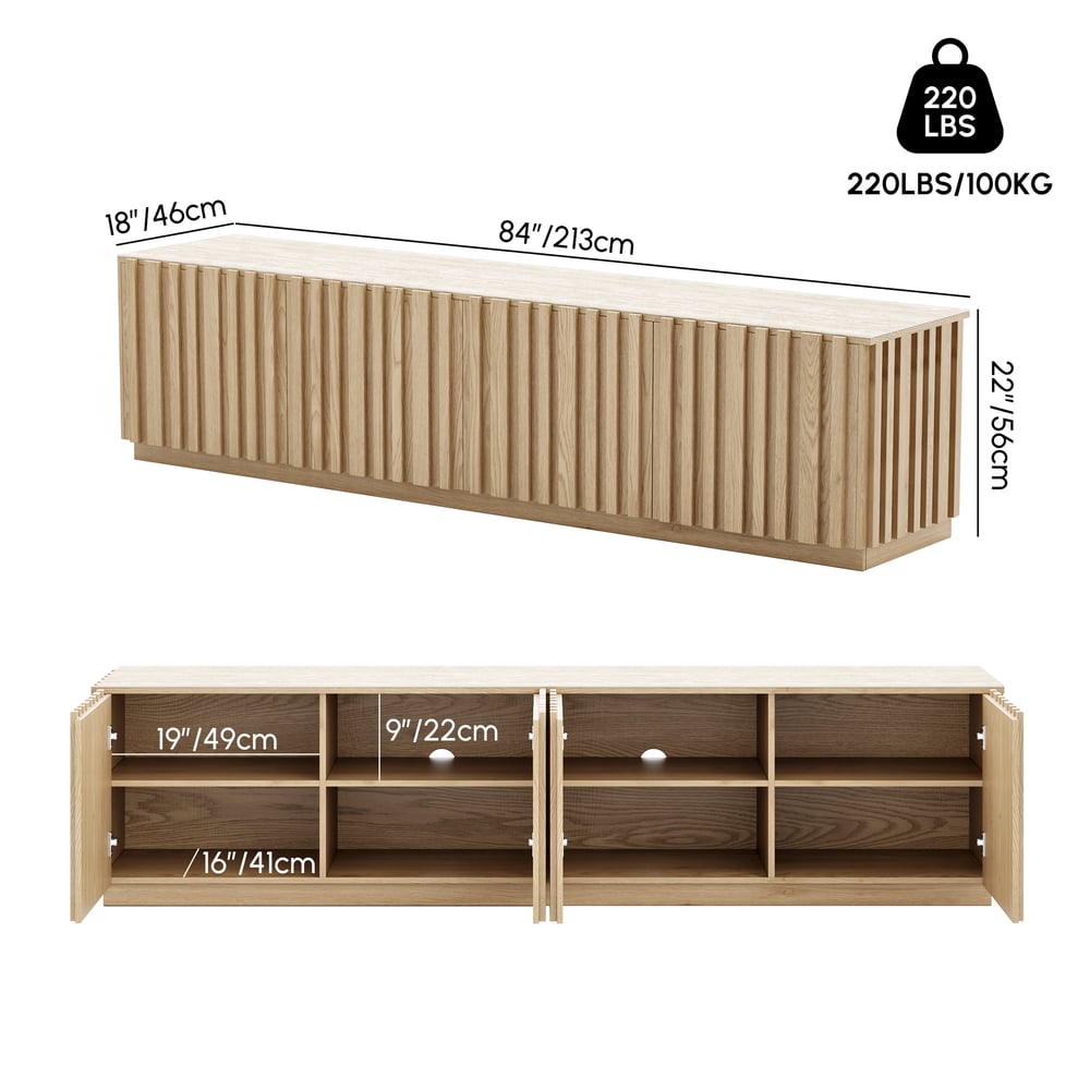 Aura 83" Ash Wood Fluted Natural TV Stand with Sintered Stone Top weights dimensions image