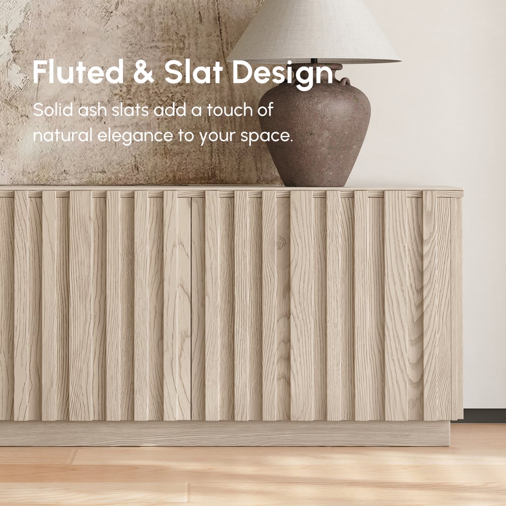 Aura 83" Ash Wood Fluted Whitewash TV Stand with Sintered Stone Top window image