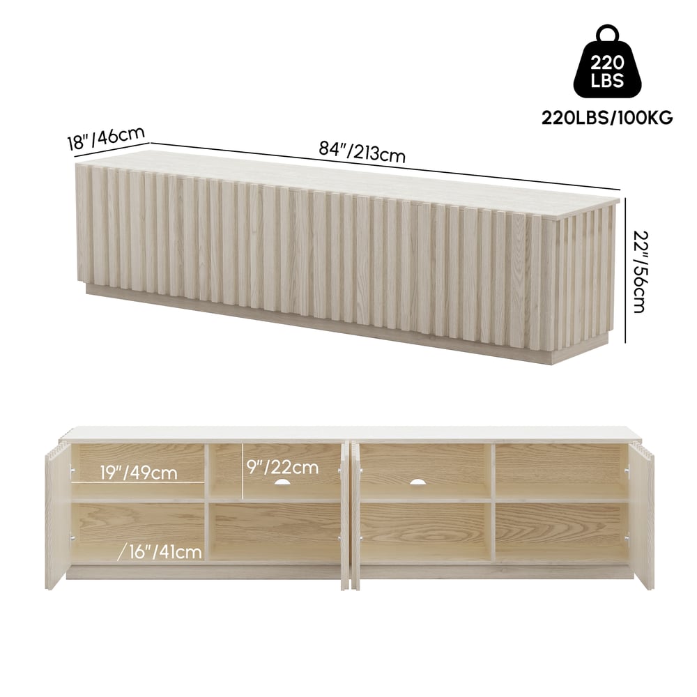 Aura 83" Ash Wood Fluted Whitewash TV Stand with Sintered Stone Top weights dimensions image