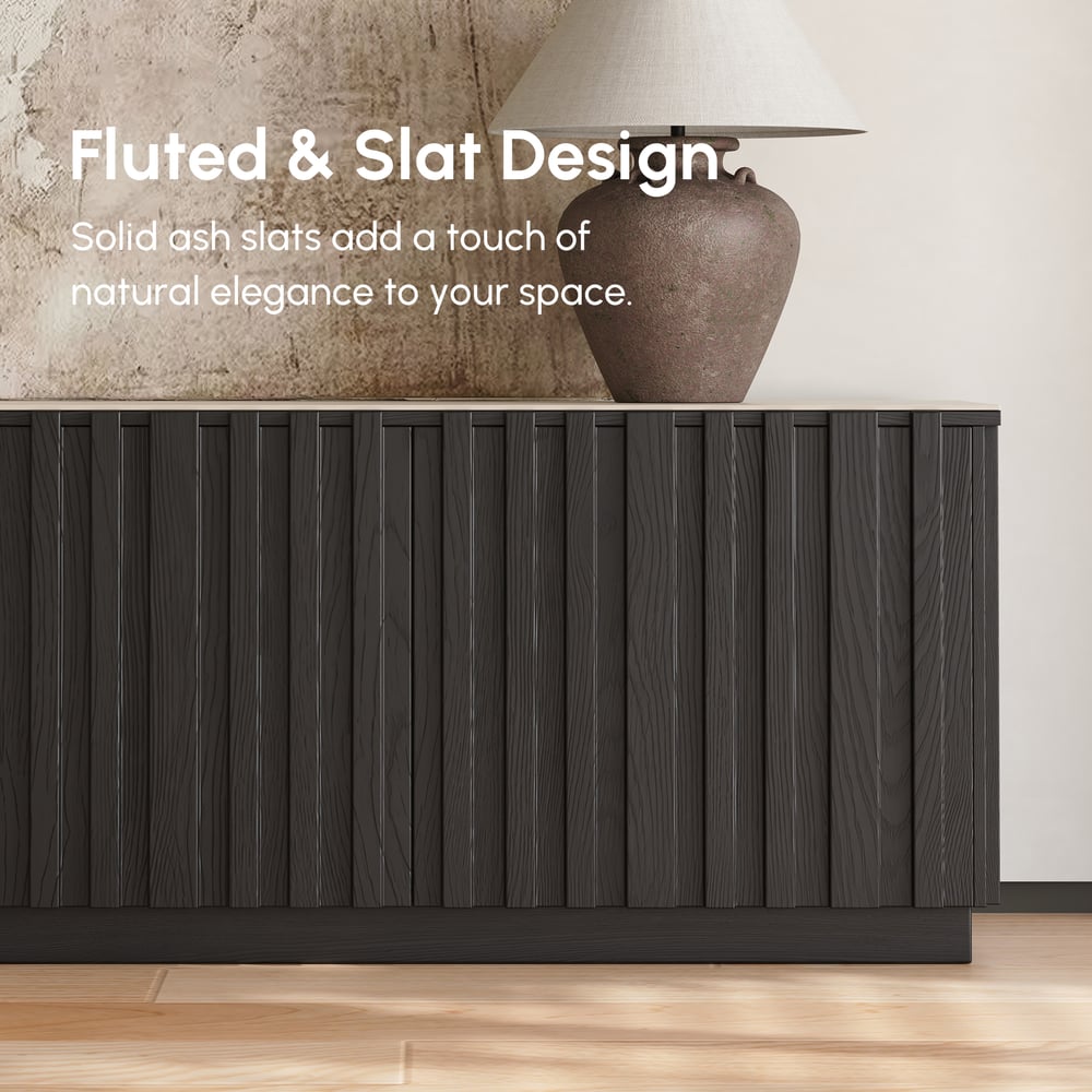 Aura 83" Ash Wood Fluted Black TV Stand with Sintered Stone Top window image