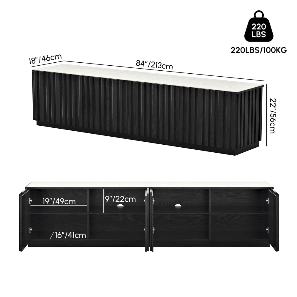 Aura 83" Ash Wood Fluted Black TV Stand with Sintered Stone Top weights dimensions image