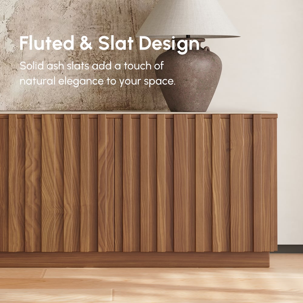 Aura 83" Ash Wood Fluted Walnut TV Stand with Sintered Stone Top window image