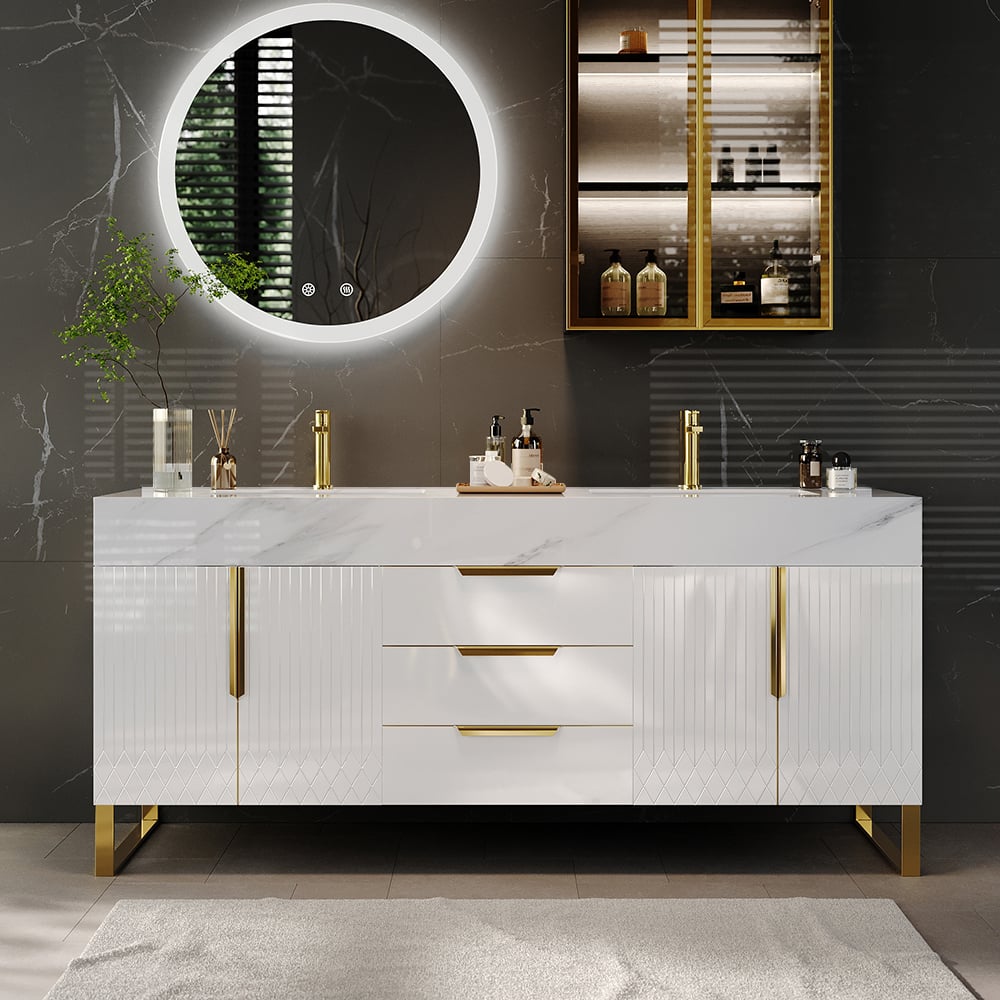 Perguntas e respostas para Conjunto de toucador de banheiro independente Aro de 1500 mm branco e dourado com pias