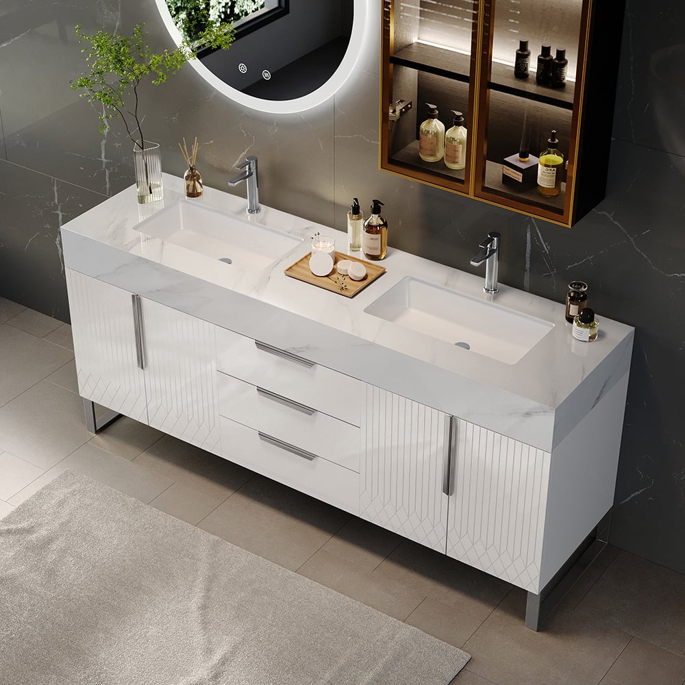 Aro 1500mm White Double Basin Freestanding Bathroom Vanity Drawers Faux Marble Top window image