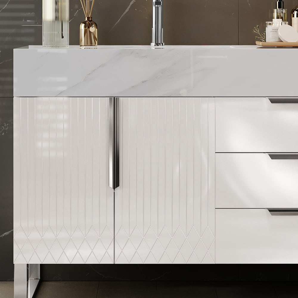 Aro 1500mm White Double Basin Freestanding Bathroom Vanity Drawers Faux Marble Top window image