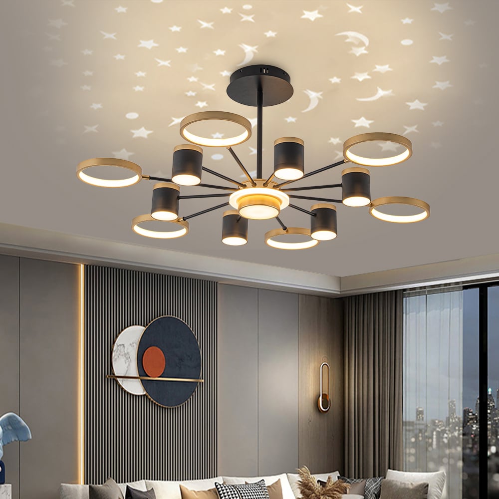 Nordic 12-Light Black & Gold Chandelier LED Ring Starry Reflection Light Dimmable window image