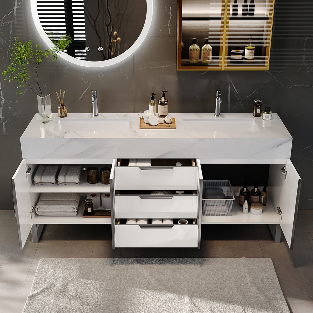 Aro 1500mm White Double Basin Freestanding Bathroom Vanity Drawers Faux Marble Top window image