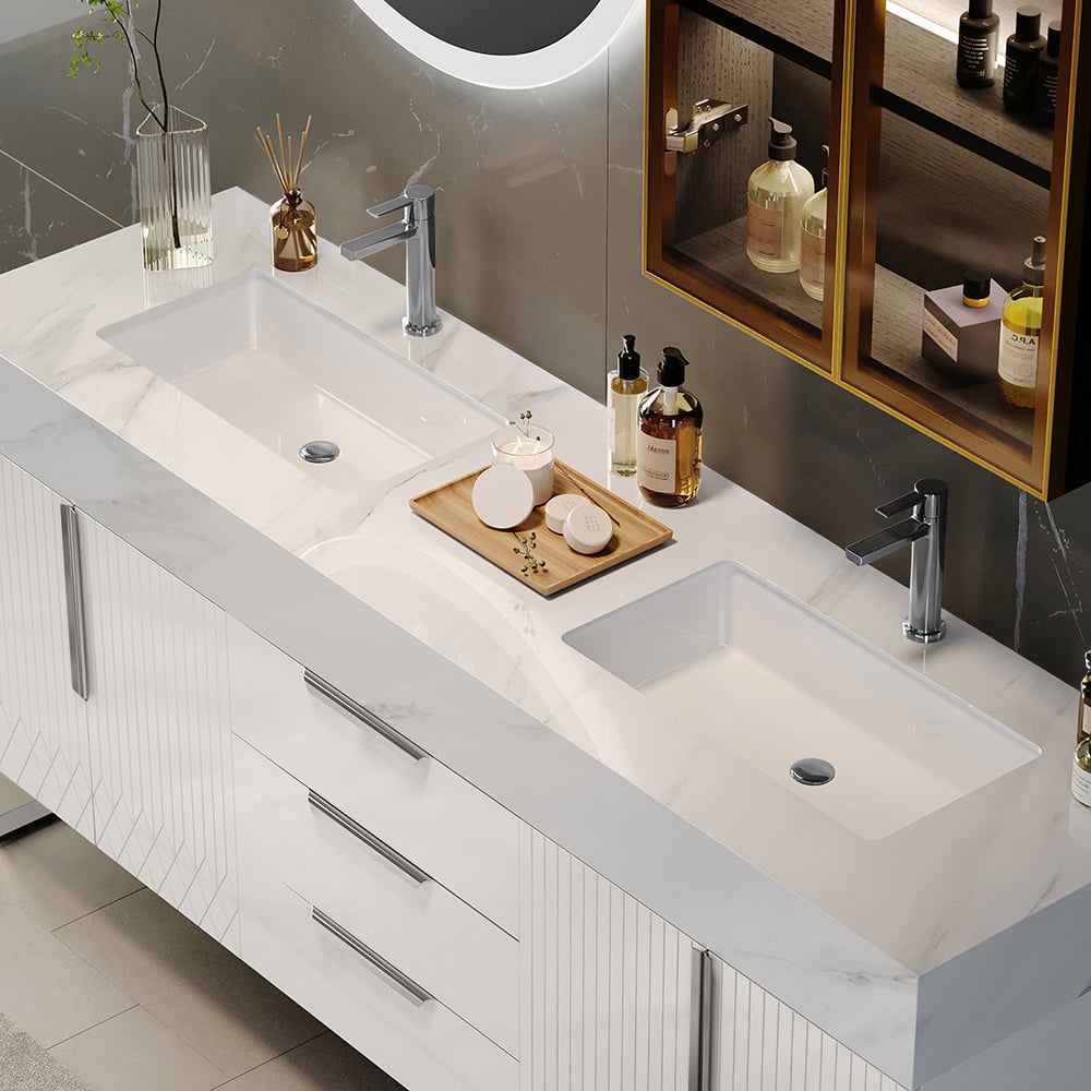 Aro 1500mm White Double Basin Freestanding Bathroom Vanity Drawers Faux Marble Top window image