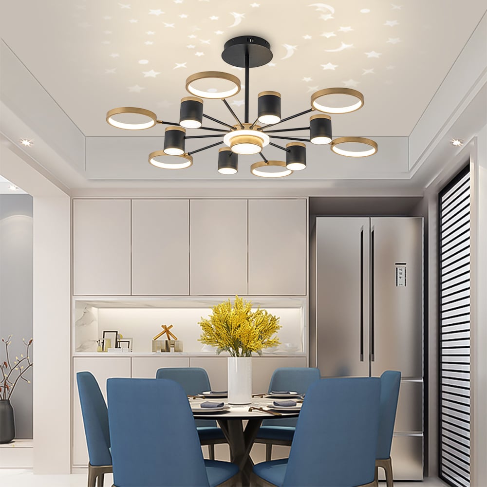 Nordic 12-Light Black & Gold Chandelier LED Ring Starry Reflection Light Dimmable window image