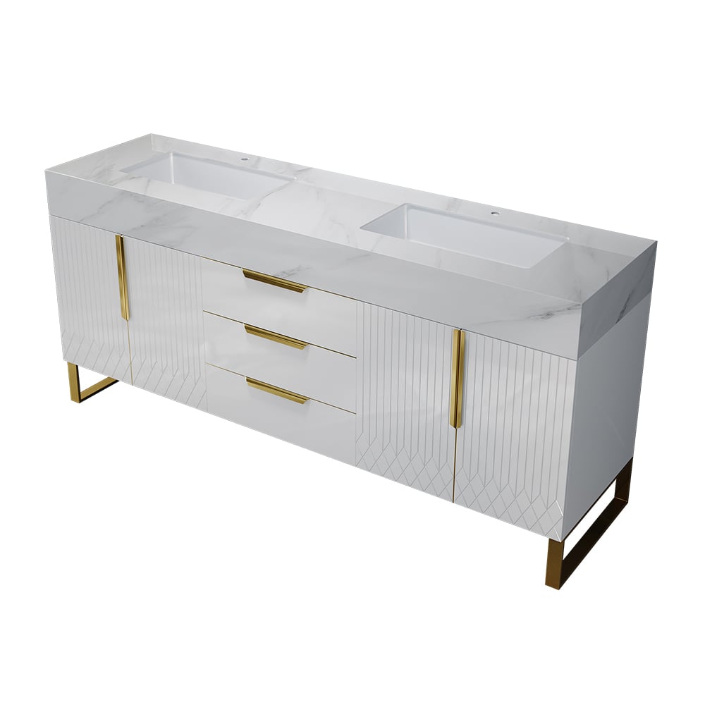 Vanité murale blanche moderne de 1500 mm avec tiroirs, lavabo, dessus en faux marbre image de fenêtre