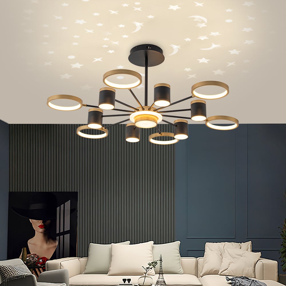 Customer Reviews for Nordic 12-Light Black & Gold Chandelier LED Ring Starry Reflection Light Dimmable