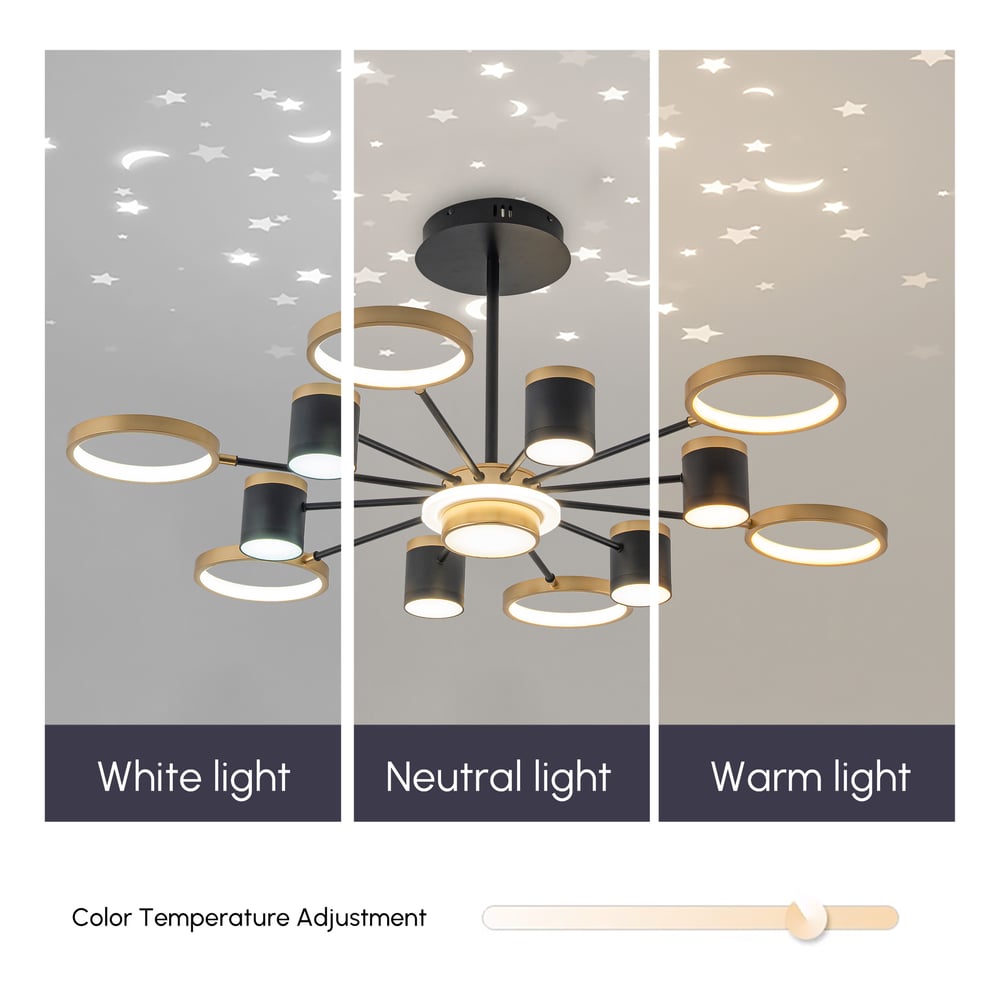 Nordic 12-Light Black & Gold Chandelier LED Ring Starry Reflection Light Dimmable window image