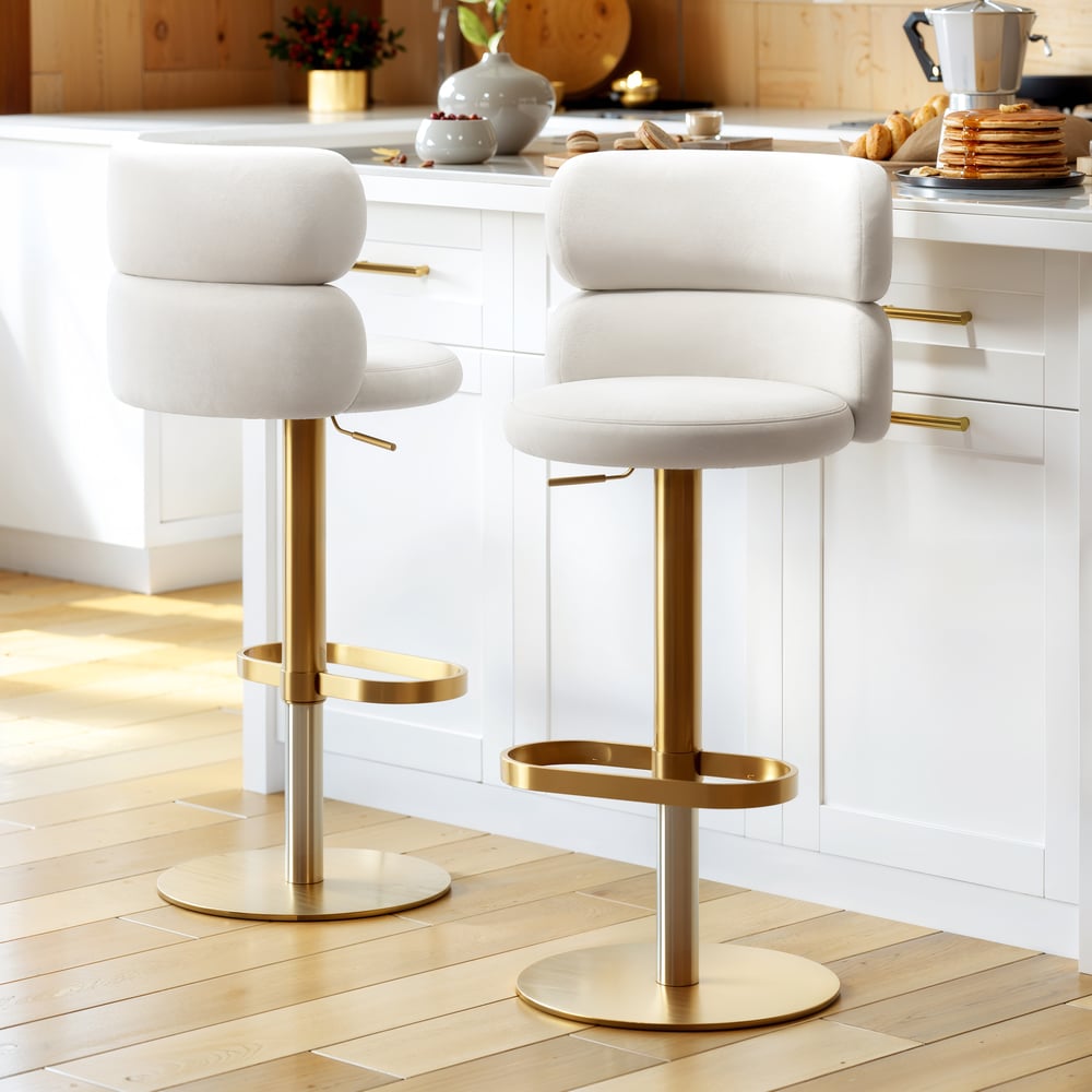Modern Warm White Velvet Swivel Bar Stool with Adjustable Height, 4 Pieces window image