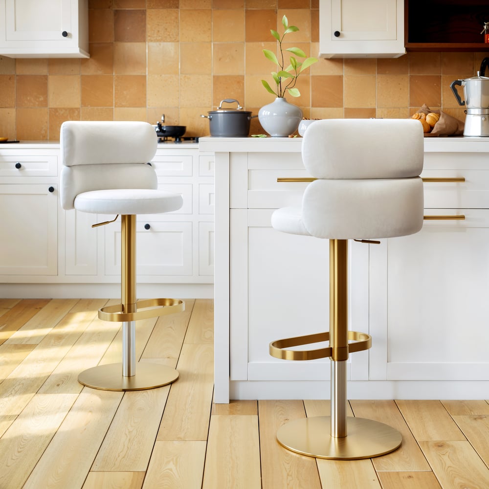 Modern Warm White Velvet Swivel Bar Stool with Adjustable Height, 4 Pieces window image