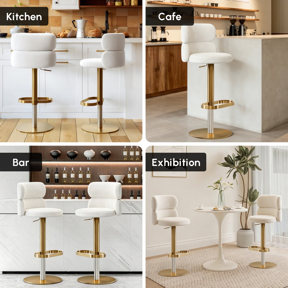 Modern Warm White Velvet Swivel Bar Stool with Adjustable Height, 4 Pieces window image