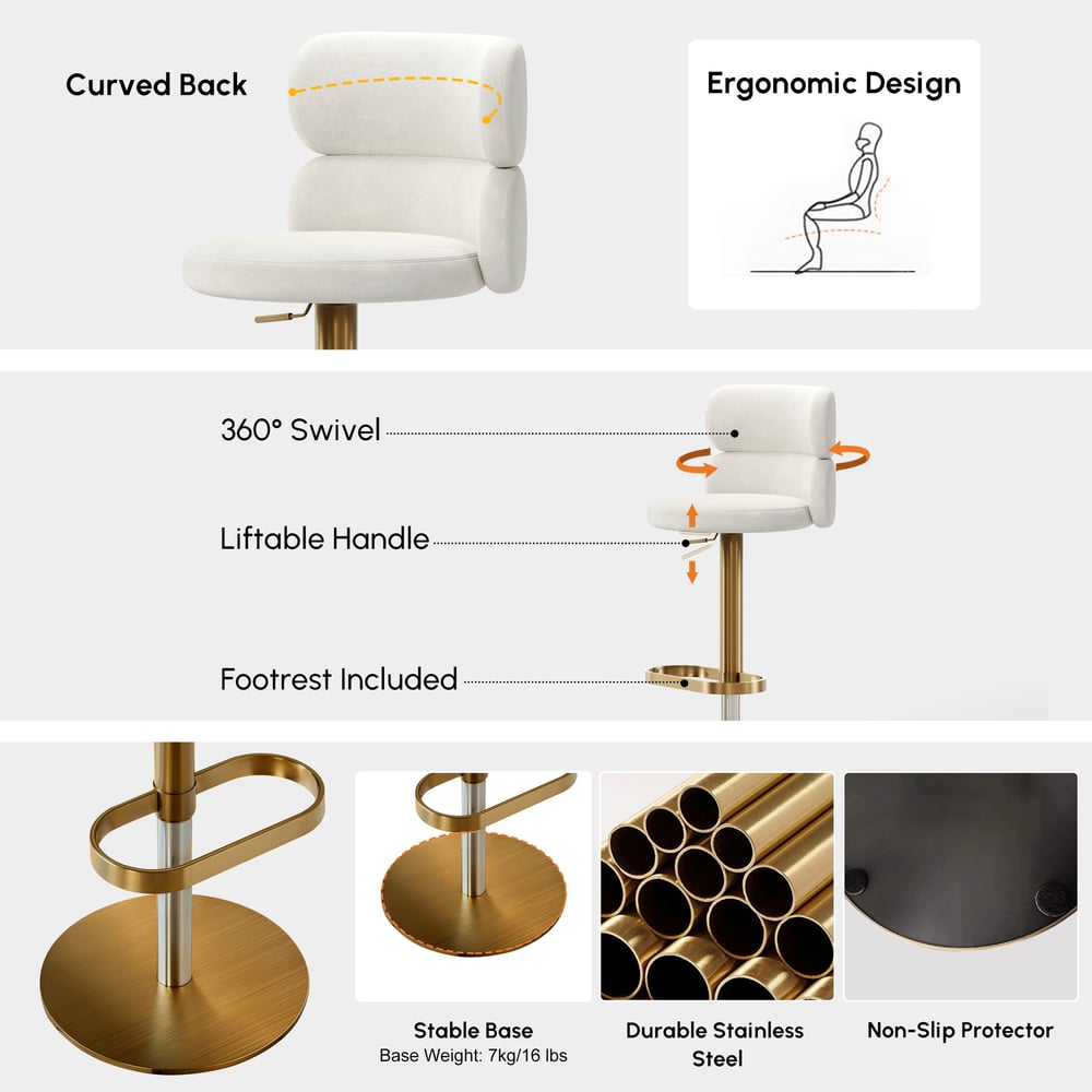 Modern Warm White Velvet Swivel Bar Stool with Adjustable Height, 4 Pieces window image