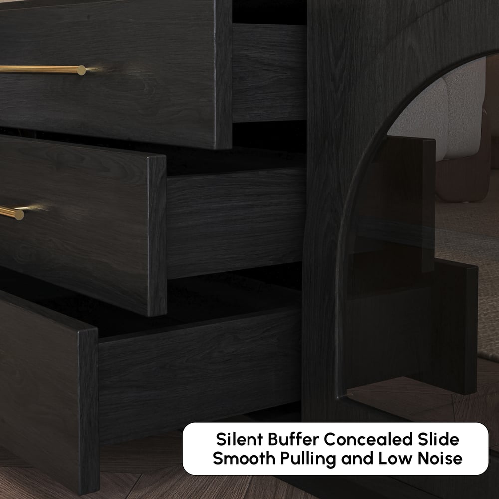 Meuble TV Arune 183 cm avec portes vitrées arquées, noir, avec rangement et LED image de fenêtre