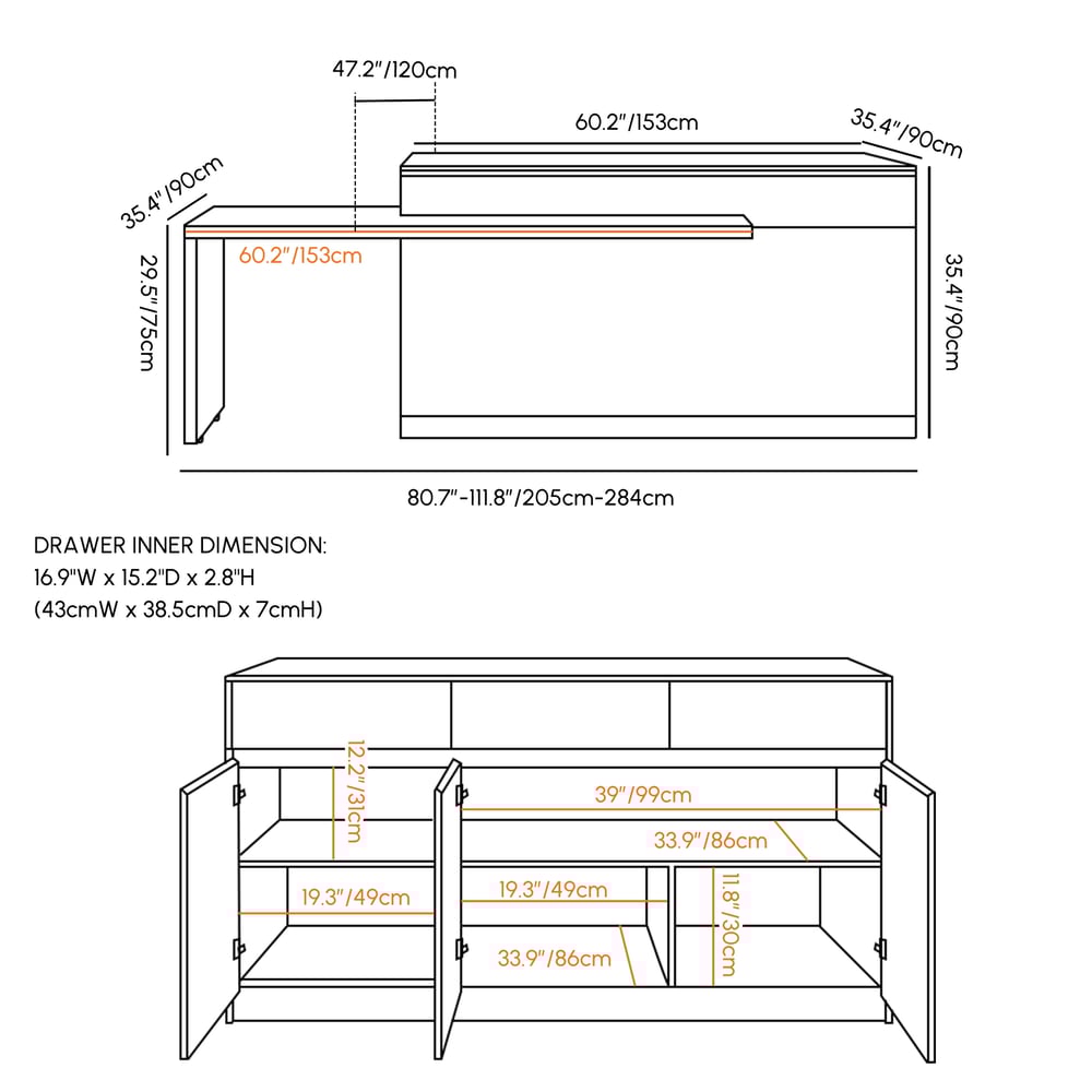 Modern 81"-112" Sintered Stone Kitchen Island with Drawers & Doors, White weights dimensions image
