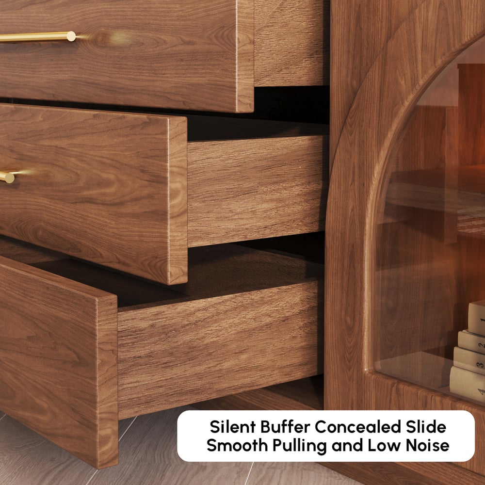 Arune 72" Arched Glass Doors Walnut TV Stand with Storage and LED window image