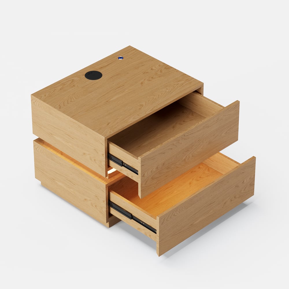 Mesita de noche Lumio con luz LED, 2 cajones y estación de carga - natural, 2 pzs. Imagen de ventana