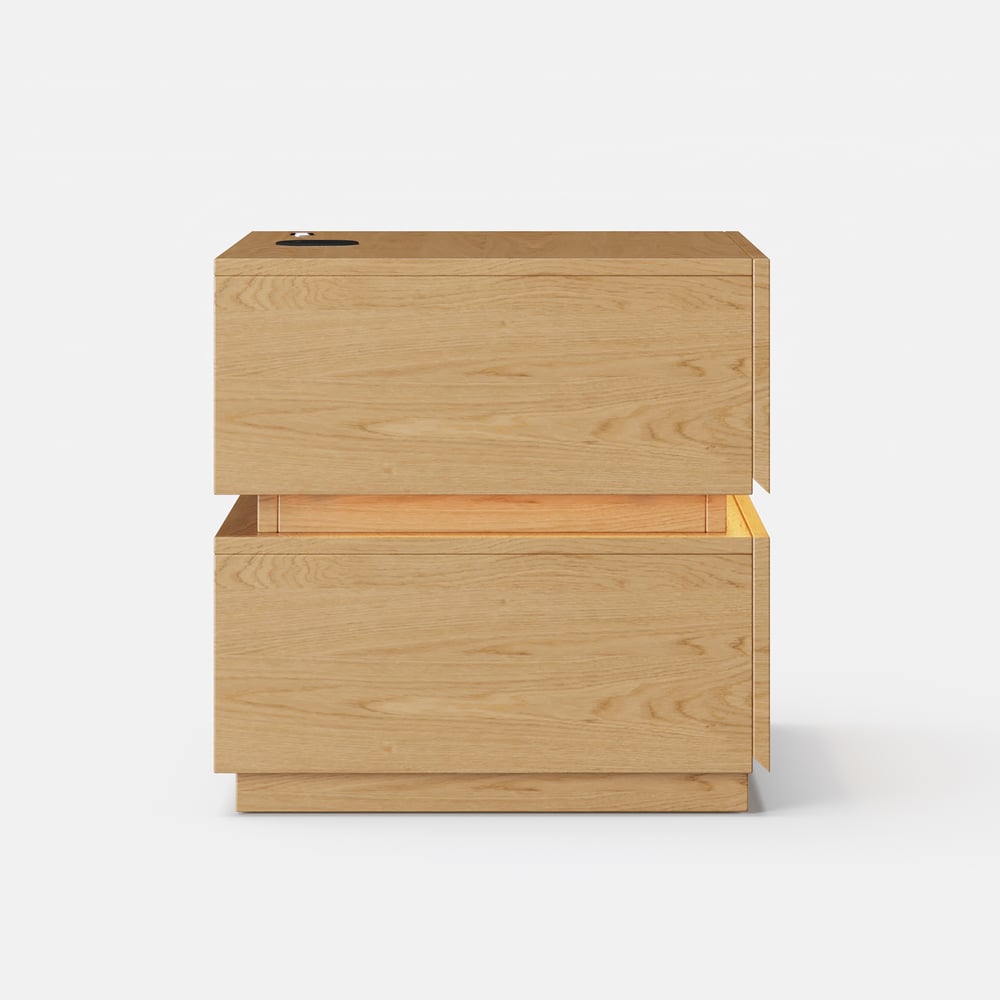 Mesita de noche Lumio con luz LED, 2 cajones y estación de carga - natural, 2 pzs. Imagen de ventana