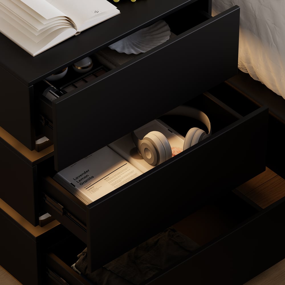 Lumio LED-Nachttisch mit 3 Schubladen und Ladestation in Schwarz Schaufensterbilder