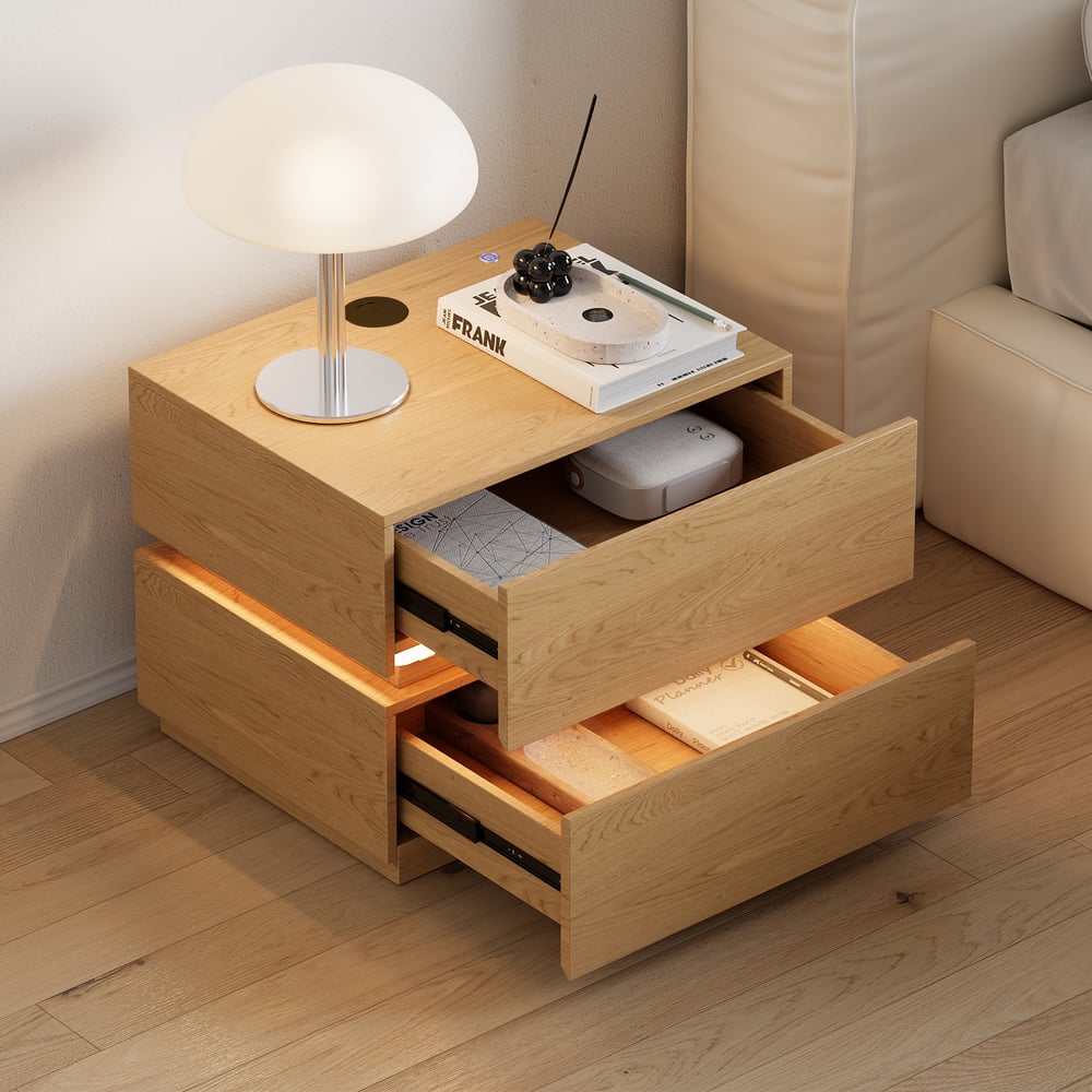 Mesita de noche Lumio con luz LED, 2 cajones y estación de carga - natural, 2 pzs. Imagen de ventana