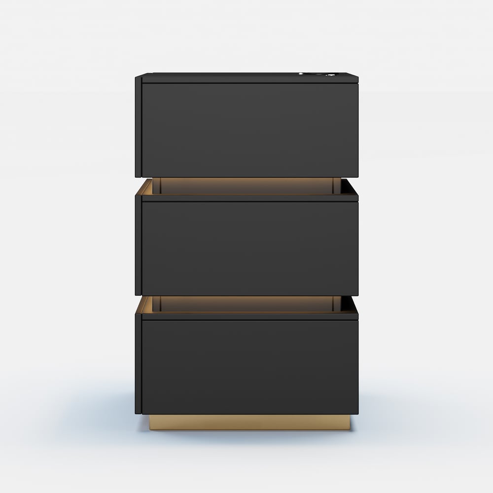 Lumio LED-Nachttisch mit 3 Schubladen und Ladestation in Schwarz Schaufensterbilder