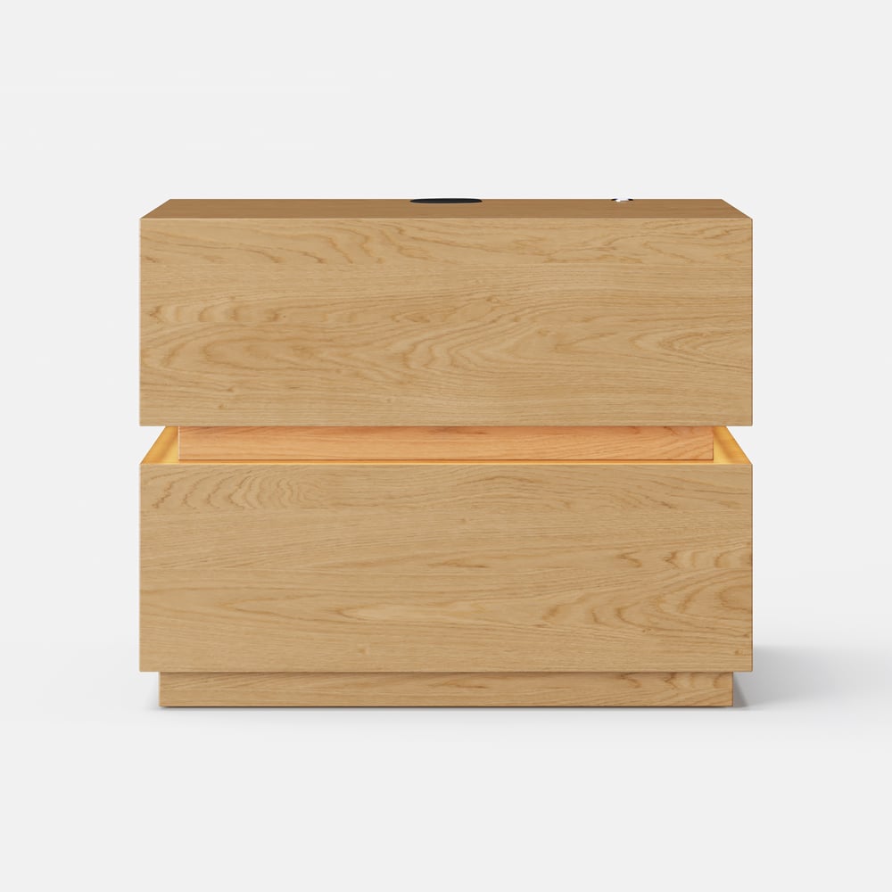 Mesita de noche Lumio con luz LED, 2 cajones y estación de carga - natural, 2 pzs. Imagen de ventana