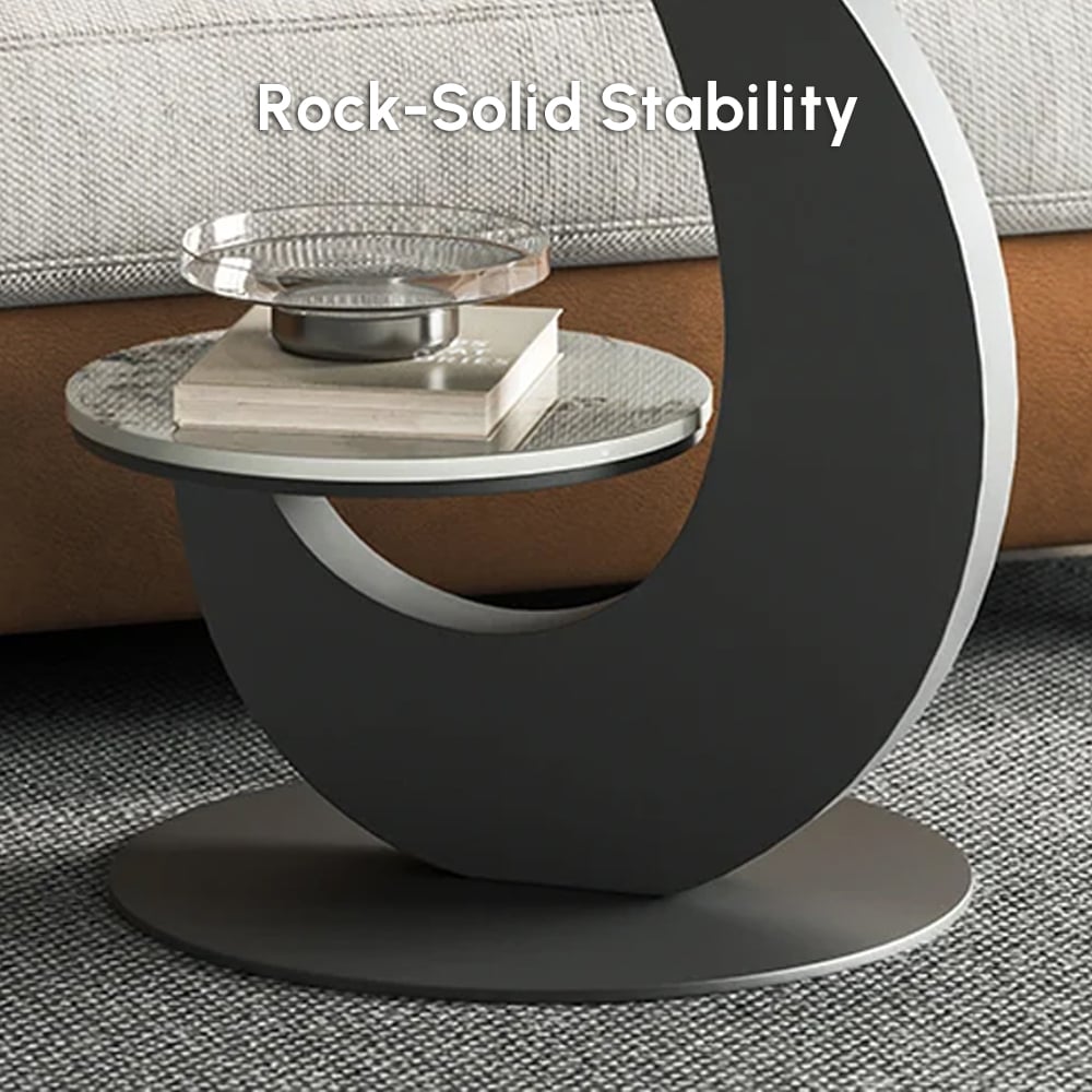 500 mm runder 2-stöckiger mondförmiger Beistelltisch aus Sinterstein Schaufensterbilder