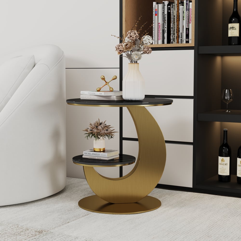 Modern 51 cm Black Round Sintered Stone End Table with 2 Tiers window image