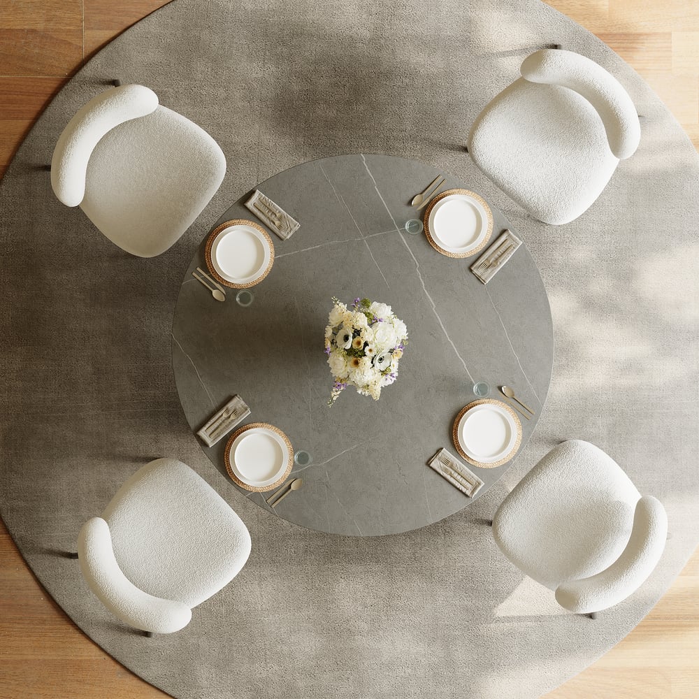 Table à manger ronde moderne en pierre frittée de 130 cm, 4 places image de fenêtre