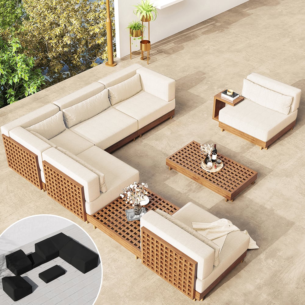 Ensemble de canapé sectionnel moderne de 9 pièces avec table basse en bois de teck et coussin image de fenêtre