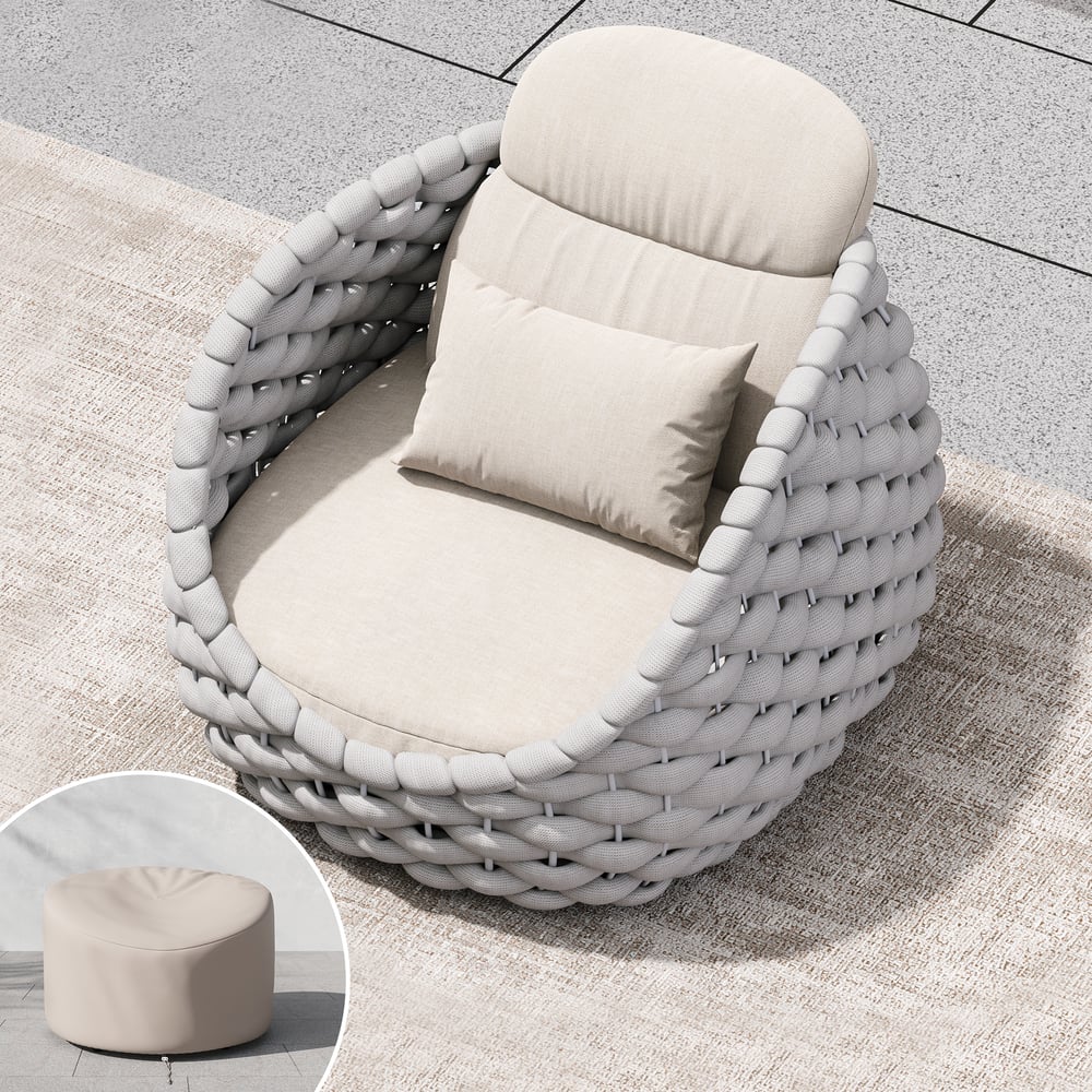 Cocaro Outdoor Aluminum & Rope Weave Swivel Lounge Chair in Gray & White window image