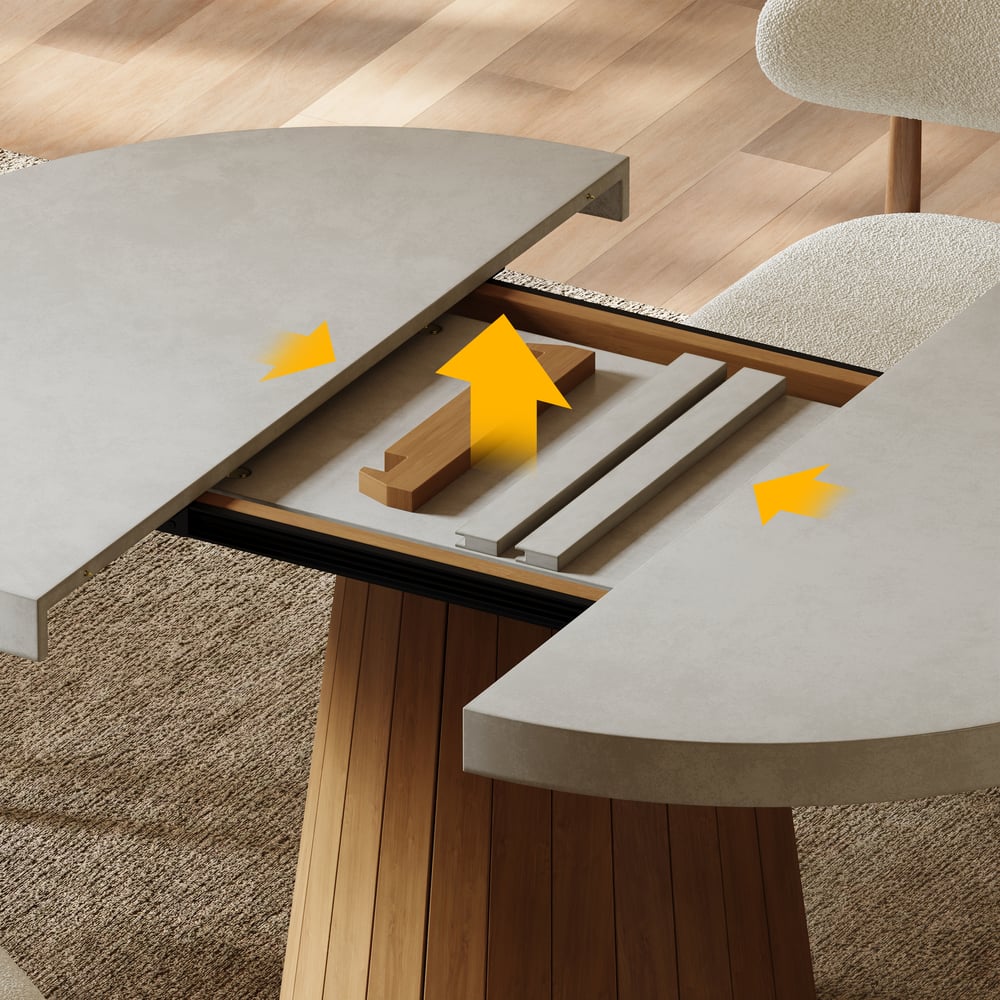 Japandi 39"–55" Extendable Round-to-Oval Wood Dining Table–Concrete Gray, Seats 4–6 window image