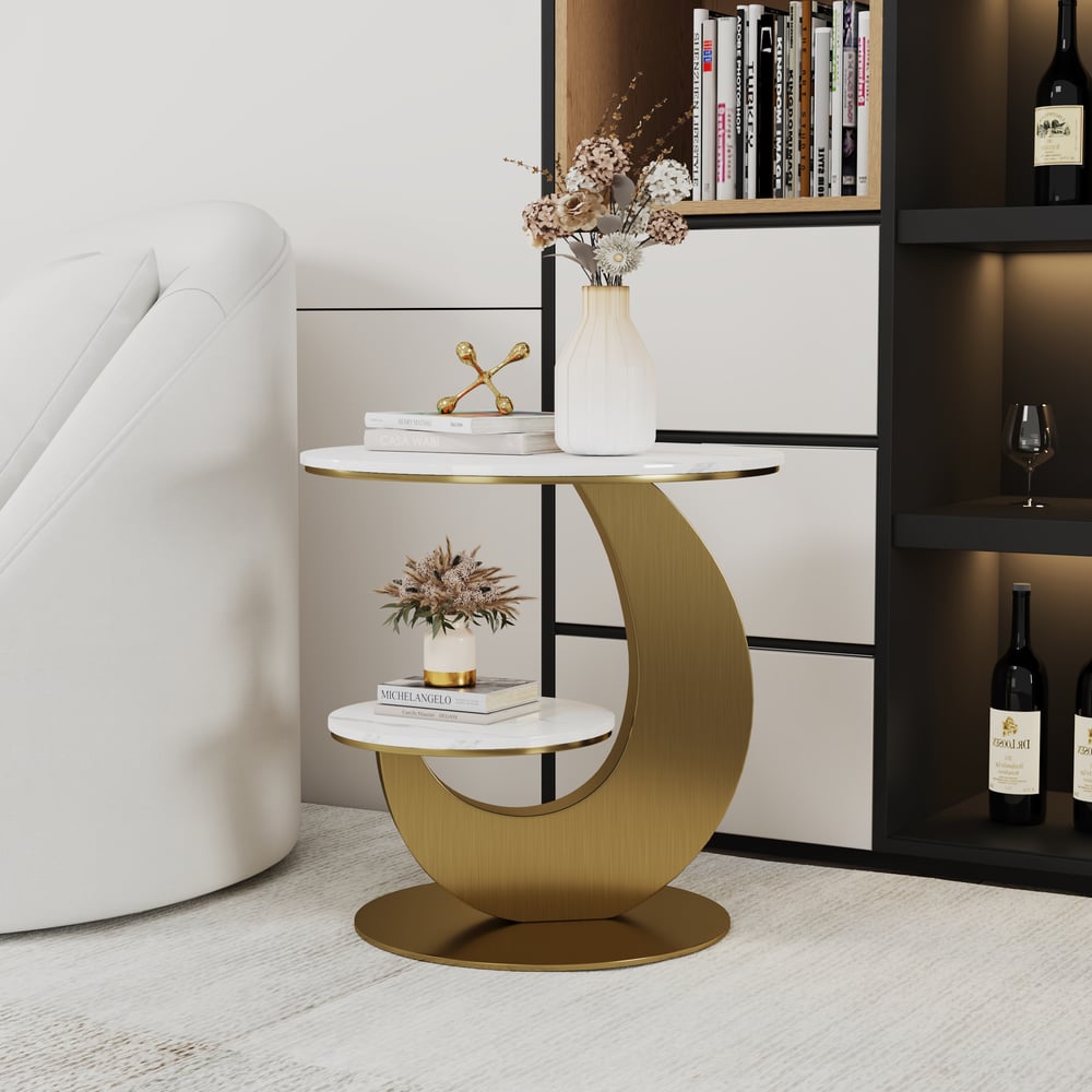 Modern 20" White Round Sintered Stone End Table with 2 Tiers window image