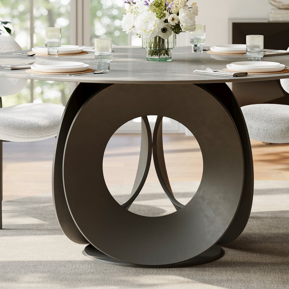 Table à manger ronde moderne en pierre frittée de 130 cm, 4 places image de fenêtre