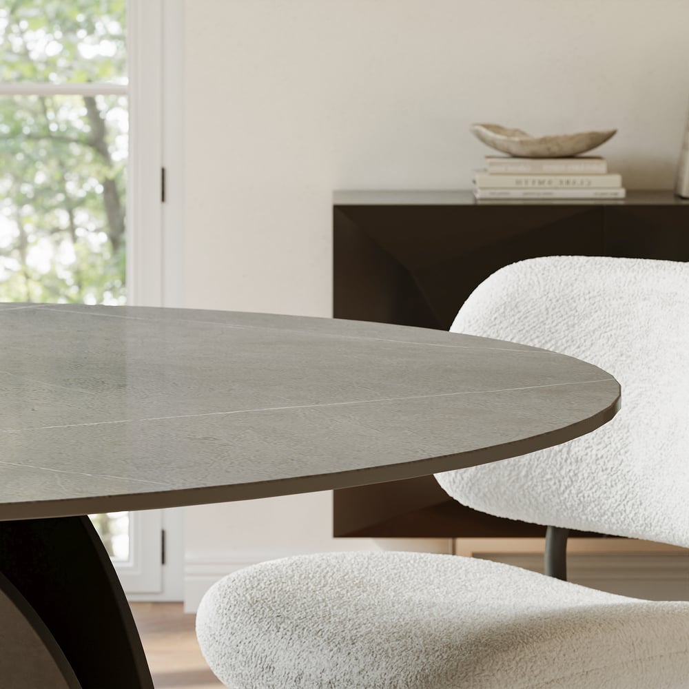 Table à manger ronde moderne en pierre frittée de 130 cm, 4 places image de fenêtre