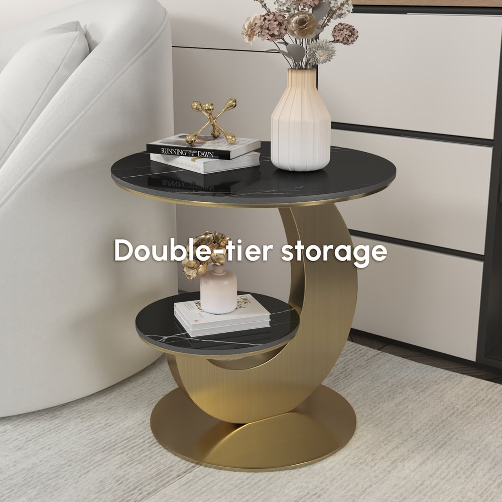 Modern 51 cm Black Round Sintered Stone End Table with 2 Tiers window image