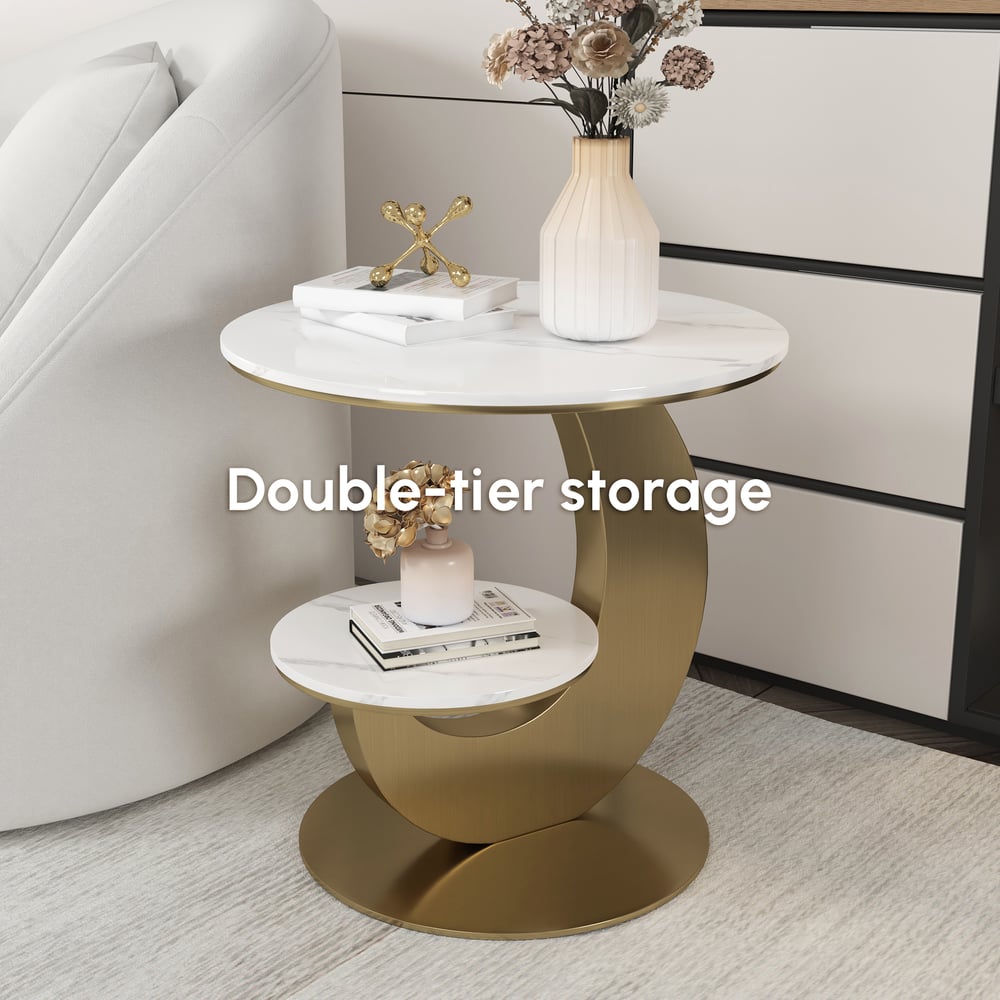 Modern 20" White Round Sintered Stone End Table with 2 Tiers window image